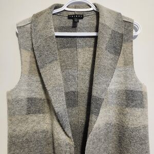 Sweater Long Plaid Sleeveless Wool  Gray Beige Checkered Mid Thigh Duster